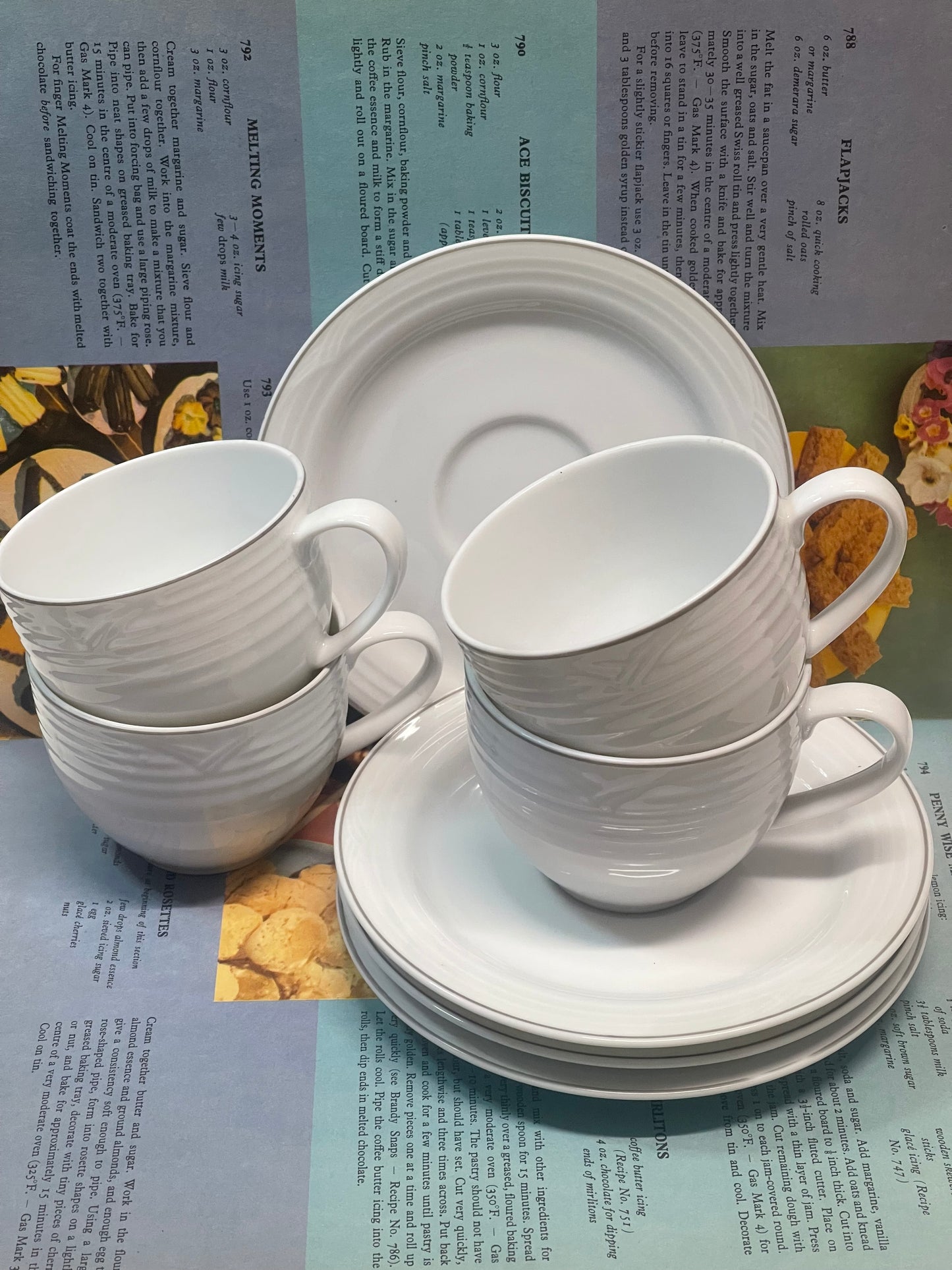 Noritake Japan Embossed White Cup & Saucer Set — Set of Four