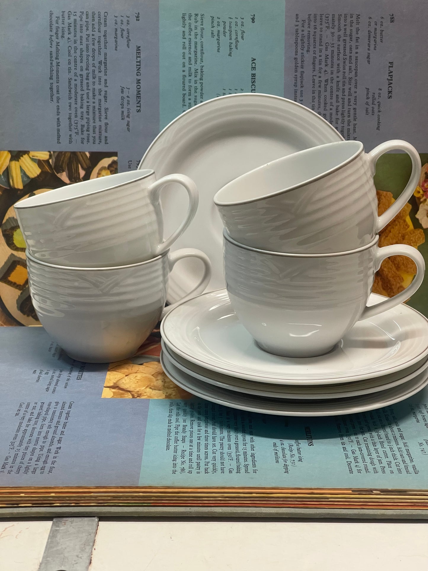 Noritake Japan Embossed White Cup & Saucer Set — Set of Four