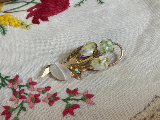 Vintage 1950s Floral Brooch with Glass Petals & Aurora Borealis Accent