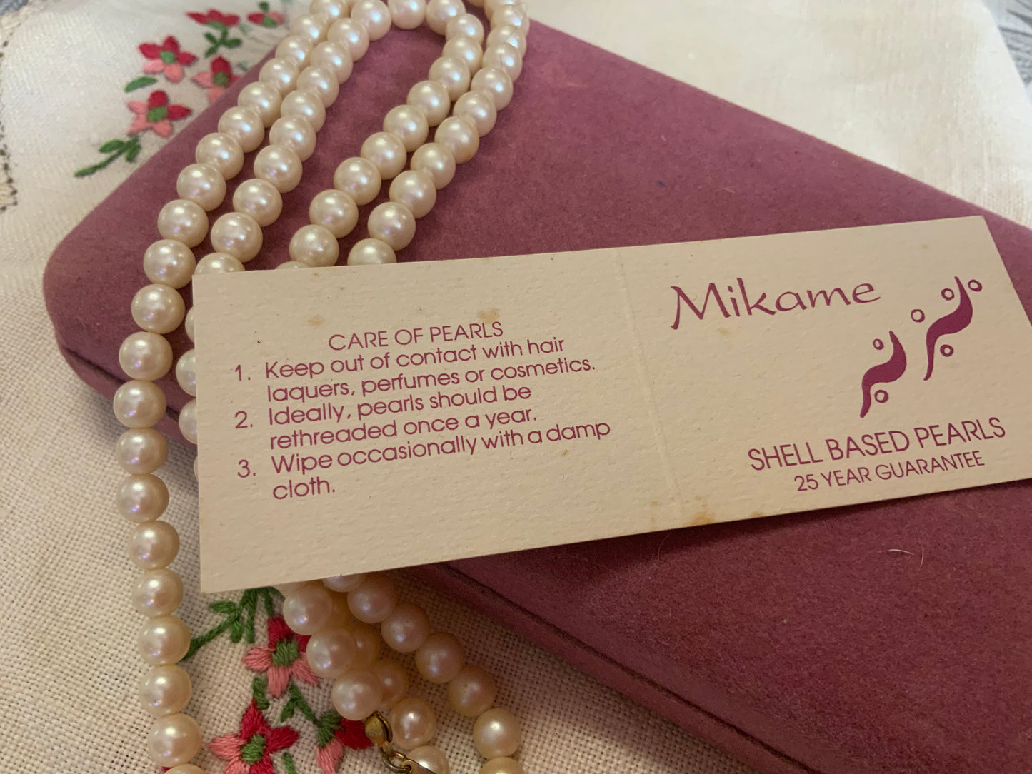 Vintage Mikame Shell-Based Pearl Necklace in Original Box – 58cm