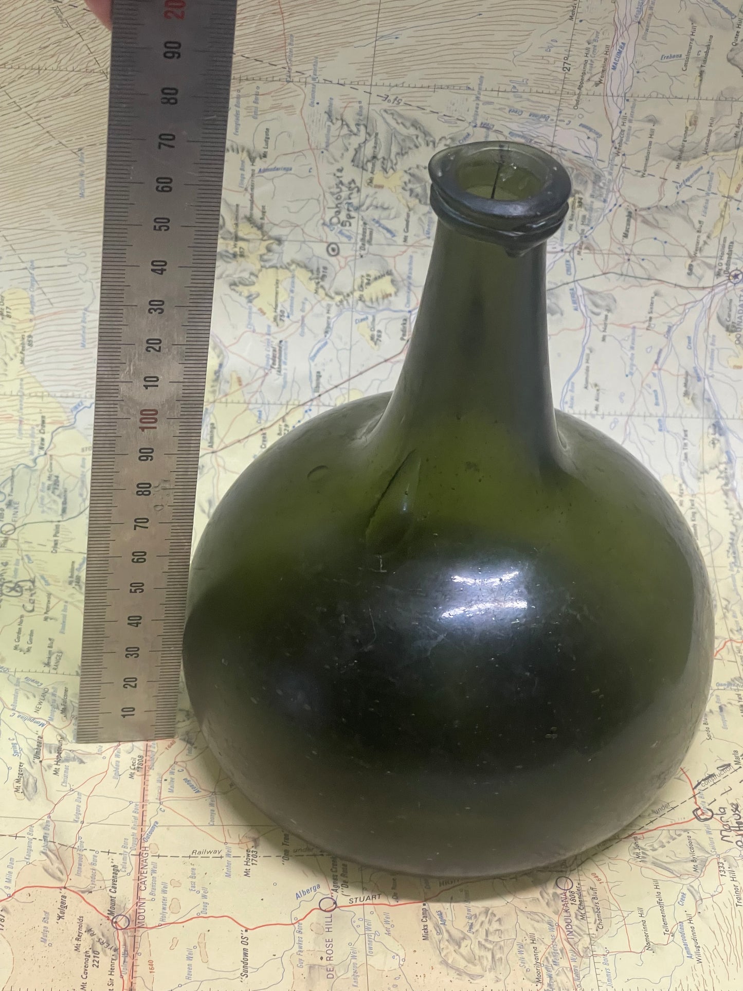 Antique Hand-Blown Dark Olive Green “Black Glass” Bottle
