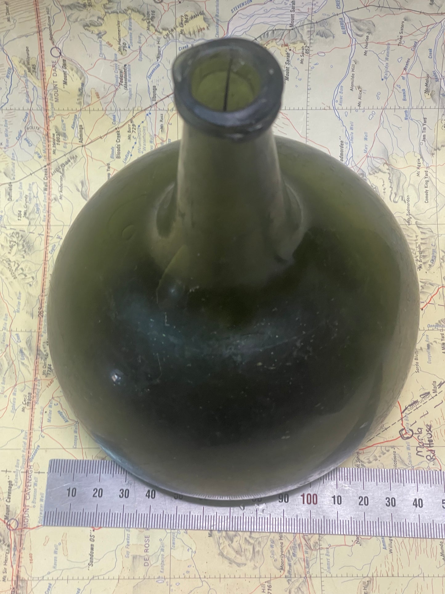 Antique Hand-Blown Dark Olive Green “Black Glass” Bottle