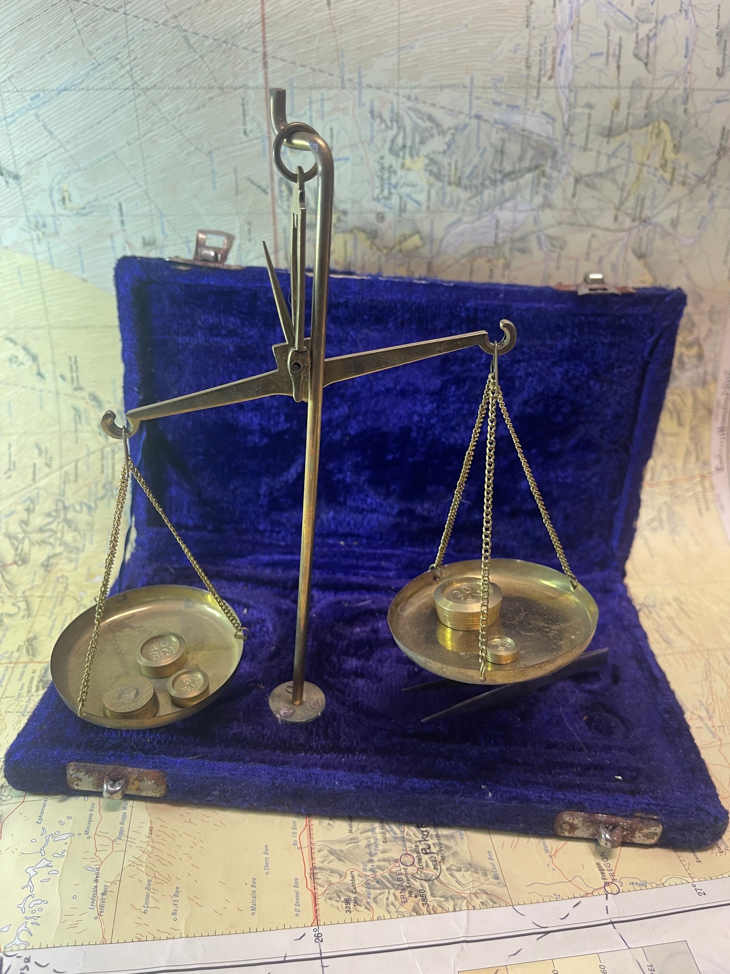 Vintage Miniature Brass Balance Scales in Original Velvet Case