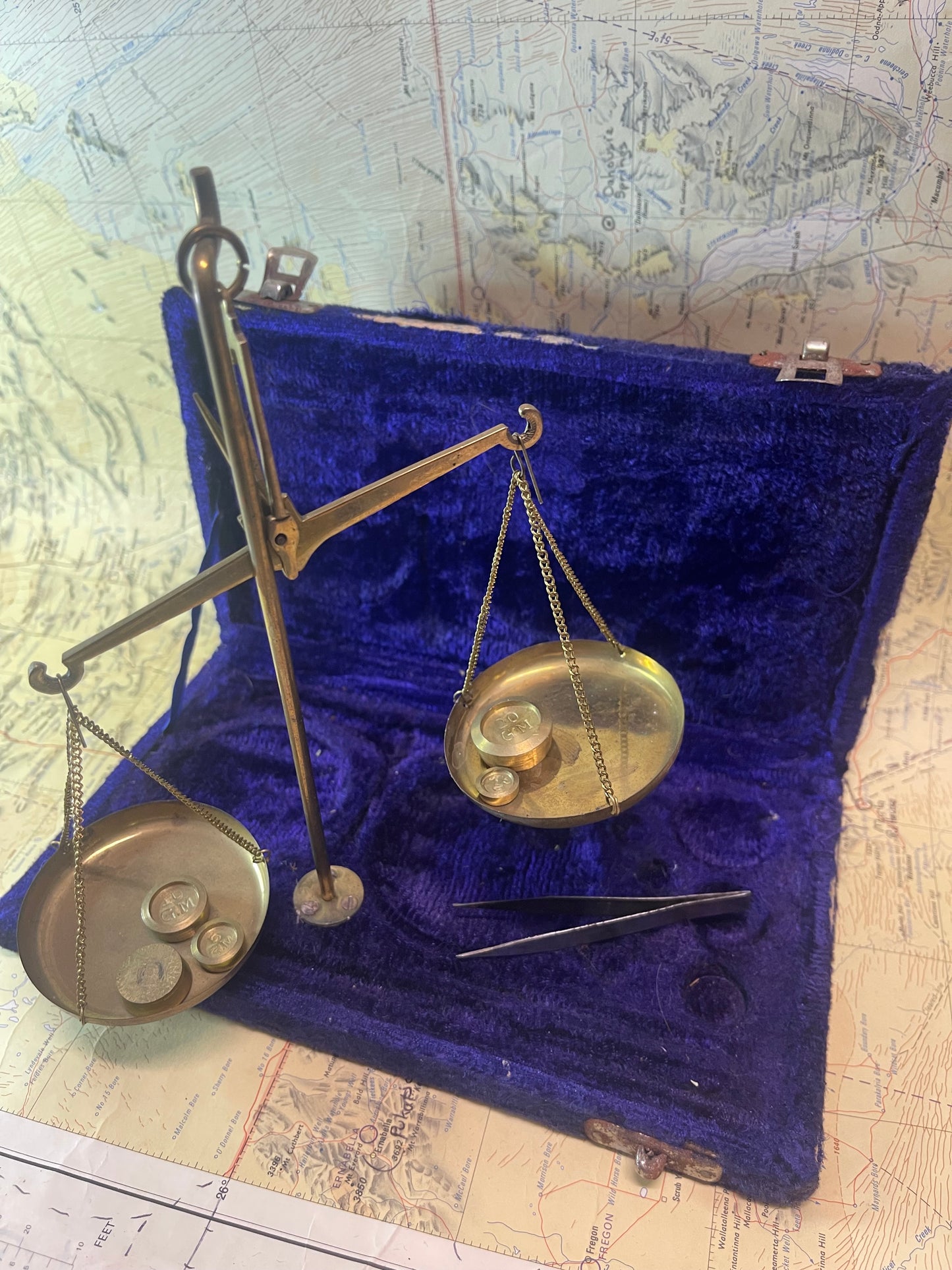 Vintage Miniature Brass Balance Scales in Original Velvet Case