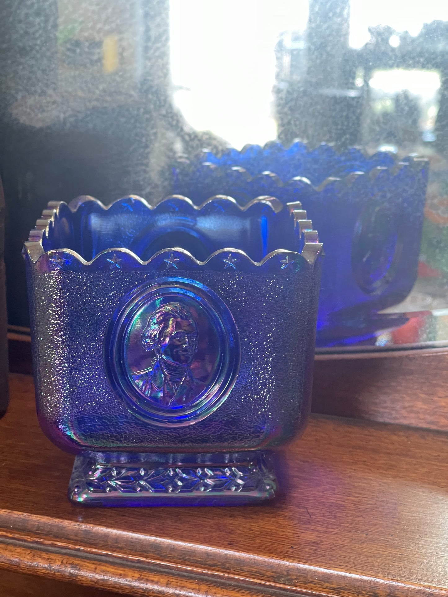 Fenton Cobalt Blue Carnival Glass Square Candy Dish Presidential Bicentennial