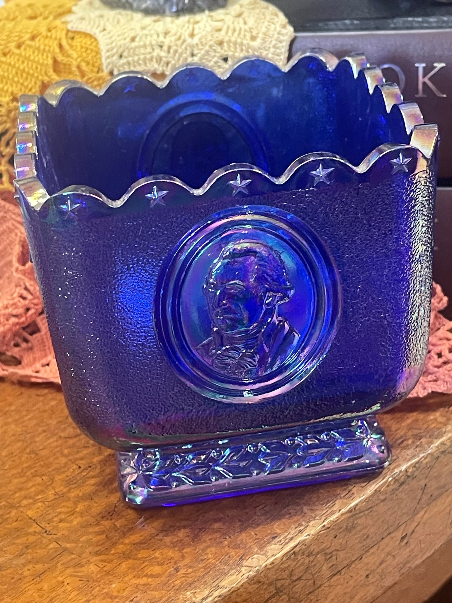 Fenton Cobalt Blue Carnival Glass Square Candy Dish Presidential Bicentennial