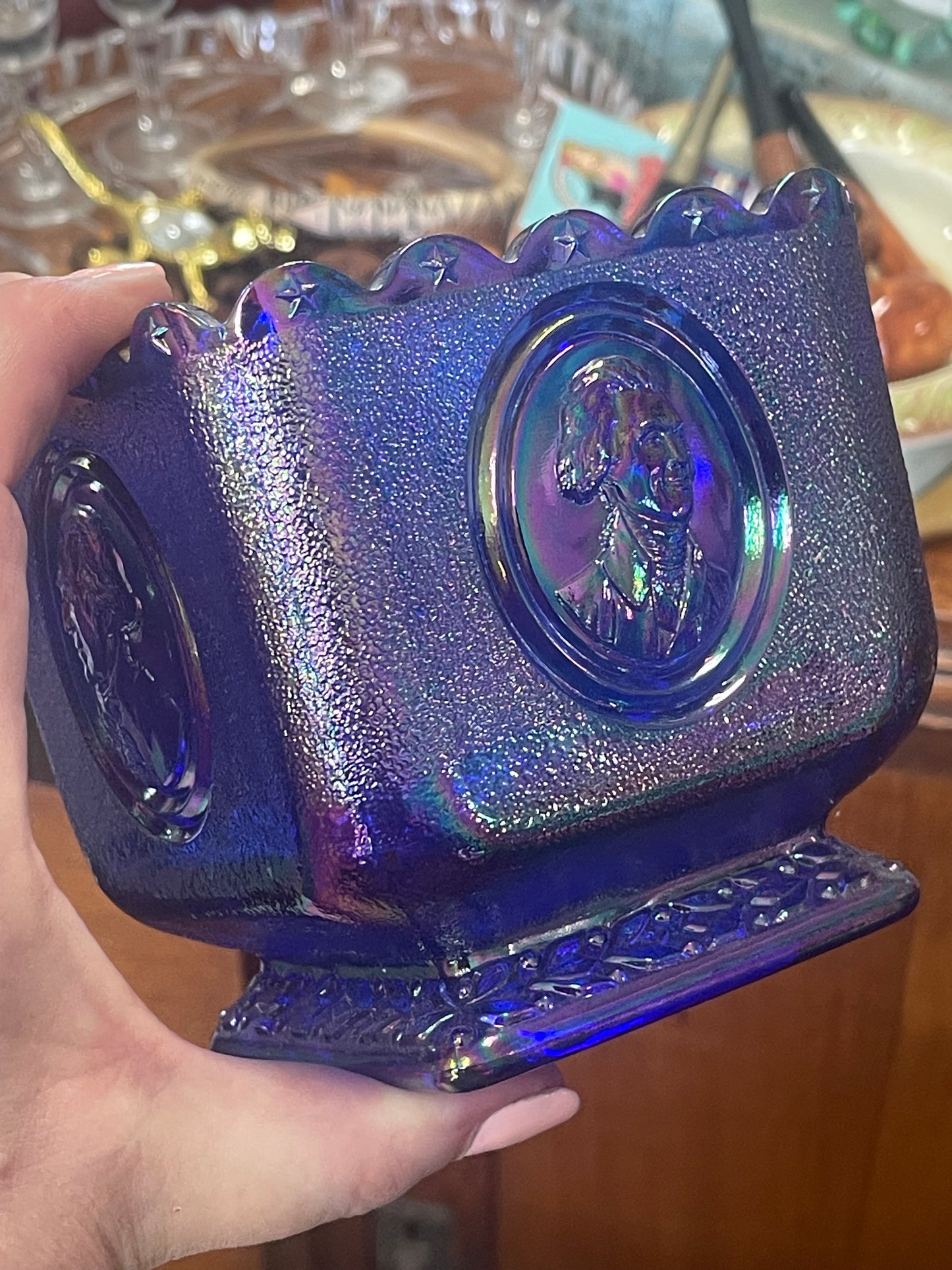 Fenton Cobalt Blue Carnival Glass Square Candy Dish Presidential Bicentennial