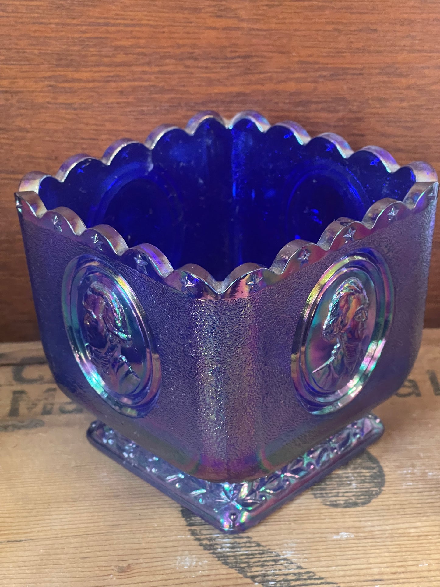 Fenton Cobalt Blue Carnival Glass Square Candy Dish Presidential Bicentennial