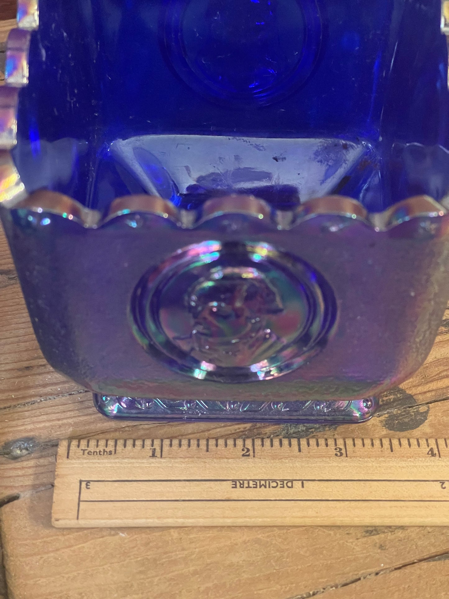 Fenton Cobalt Blue Carnival Glass Square Candy Dish Presidential Bicentennial