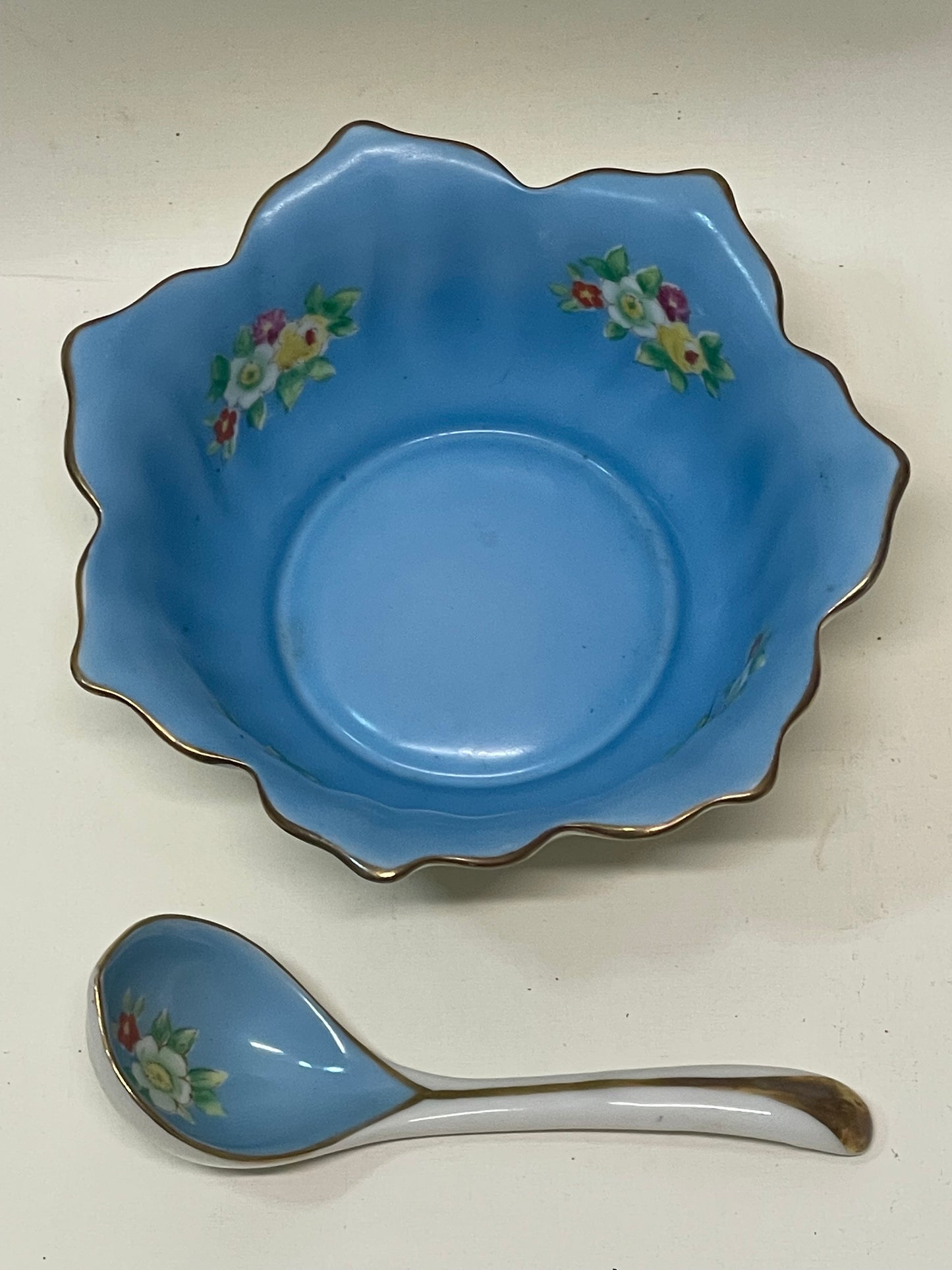 Vintage 1930s Small Noritake Blue Sauce Bowl, Plate & Spoon