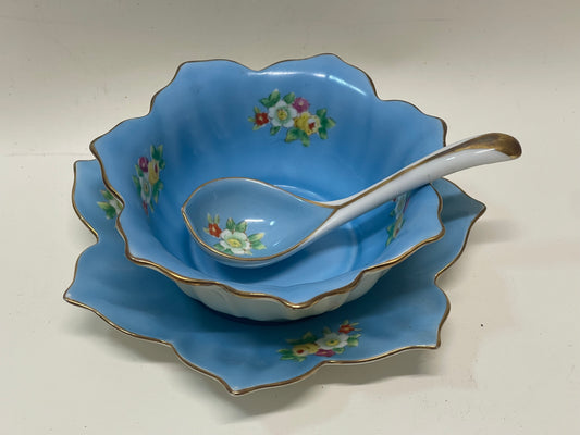 Vintage 1930s Small Noritake Blue Sauce Bowl, Plate & Spoon
