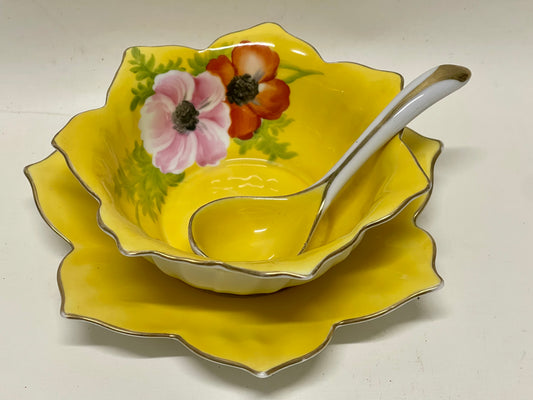 Vintage 1930s Small Noritake Yellow Sauce Bowl, Plate & Spoon