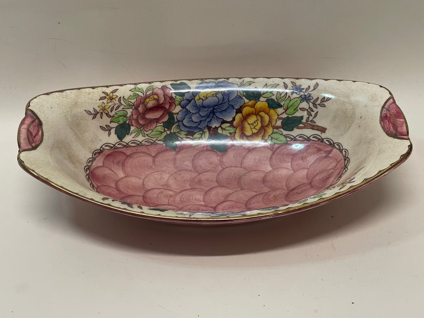 Vintage 1930s “Peony Rose” Maling Ware England hand-painted pink floral oval dish