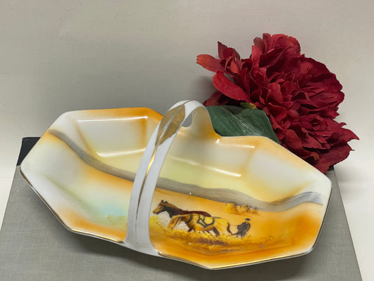 Vintage 1930s Noritake Japan Farmer Plowing with Horses dish with handle