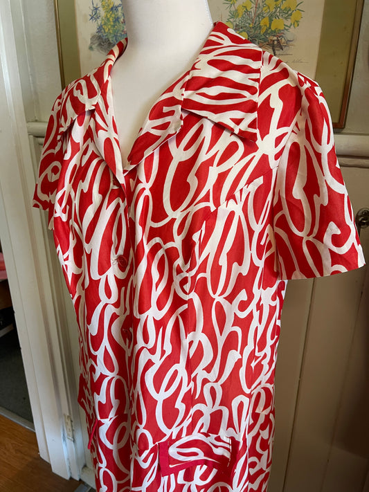 Vintage 70s Red and white Shirt Dress by Kenwall Size 18 110cm bust
