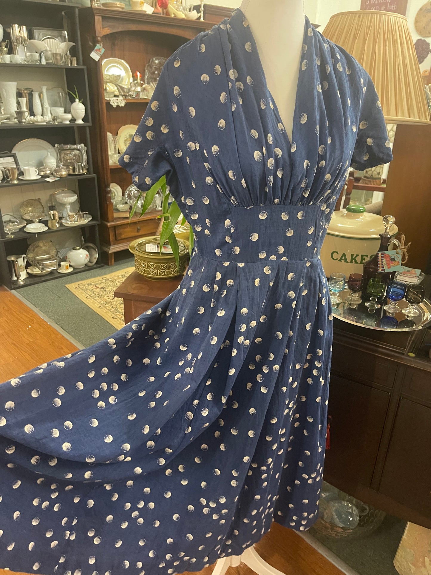 Vintage 50s blue silk Dress with spots Judy Lane Size 8-10