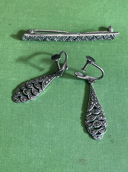 Vintage Silver Marquisette Earrings and Bar Brooch
