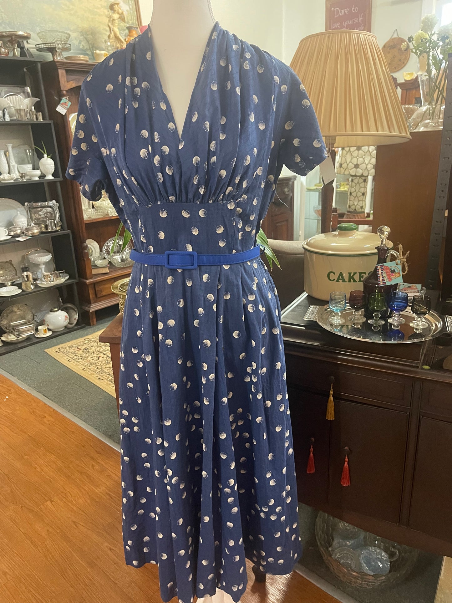 Vintage 50s blue silk Dress with spots Judy Lane Size 8-10