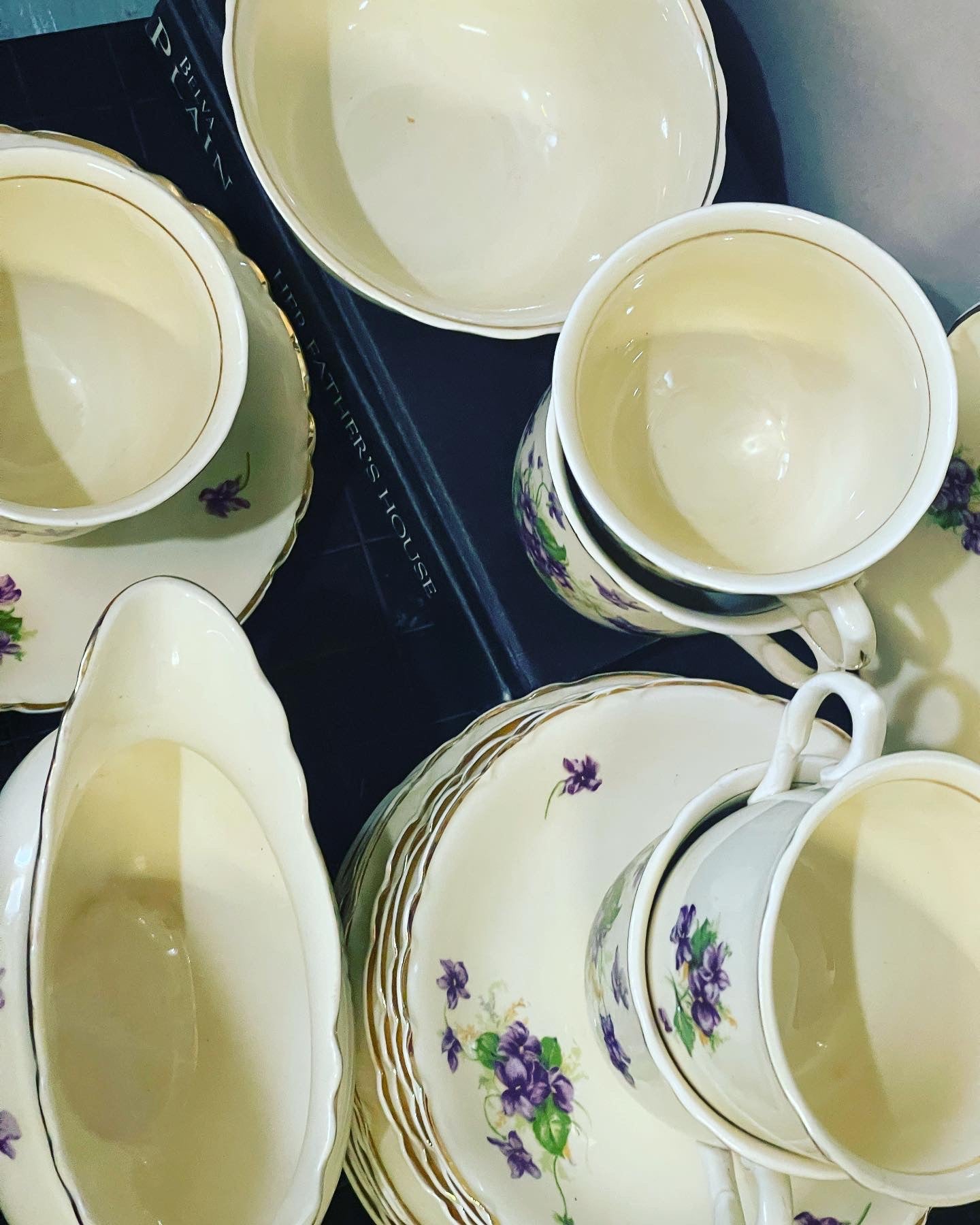 Set of four vintage teacups with violets