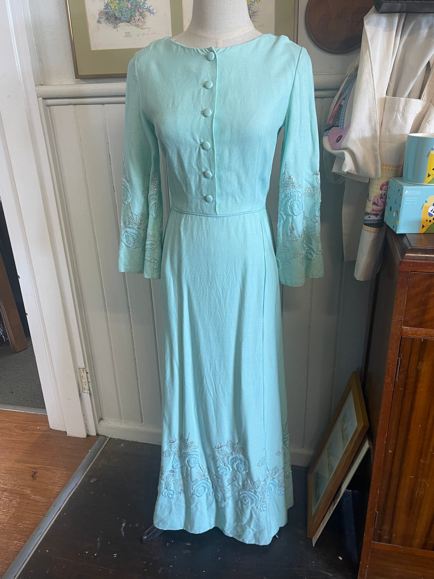 Vintage 60s pale blue Maxi dress Dress with embroidery Size 10