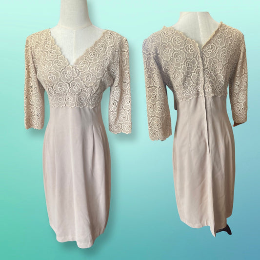 Vintage 60s beige cocktail dress Dress with lace detail Gina of Melbourne Size 8-10