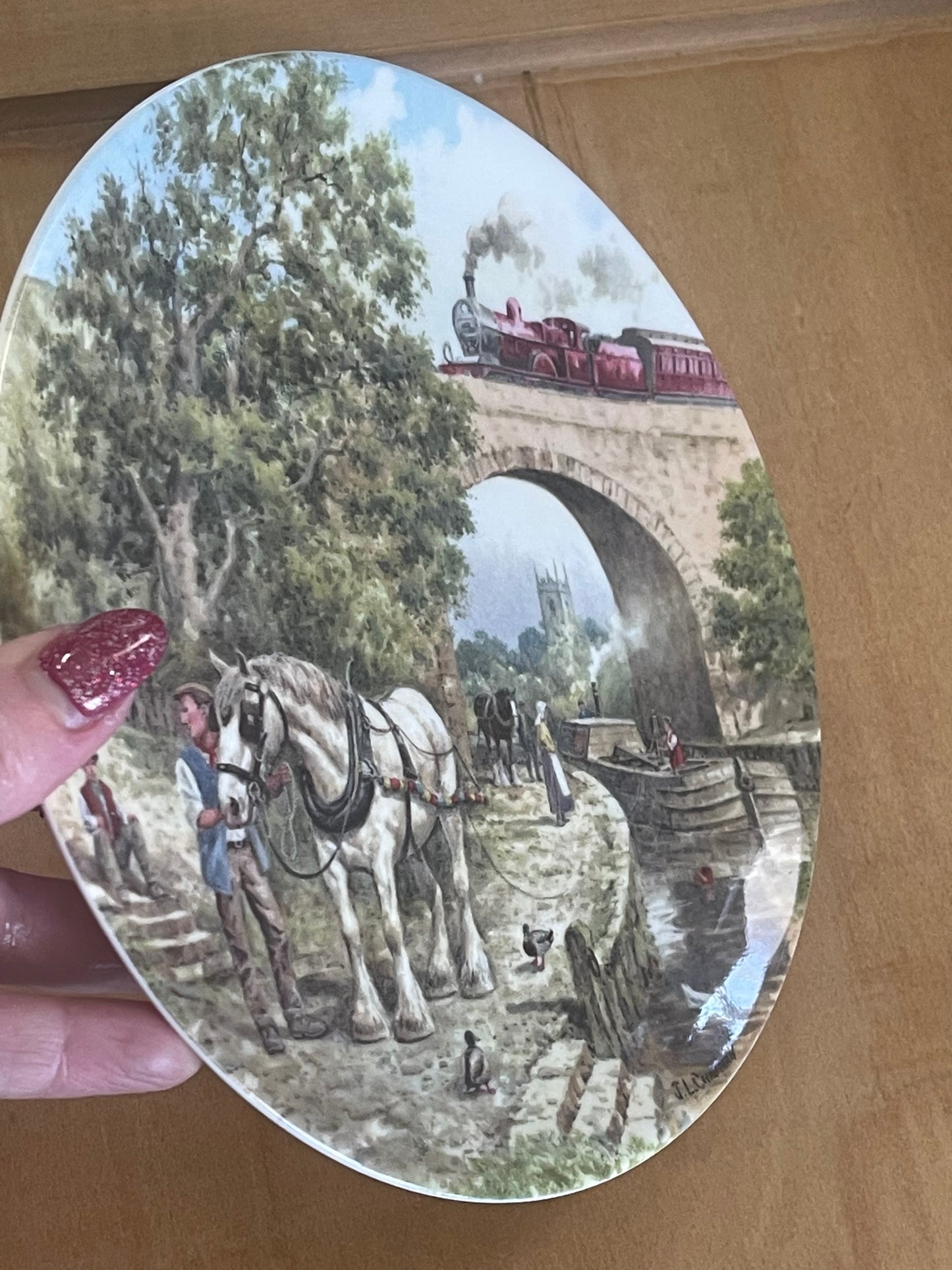Wedgwood plate featuring shire horses Over the Canal by J Chapman