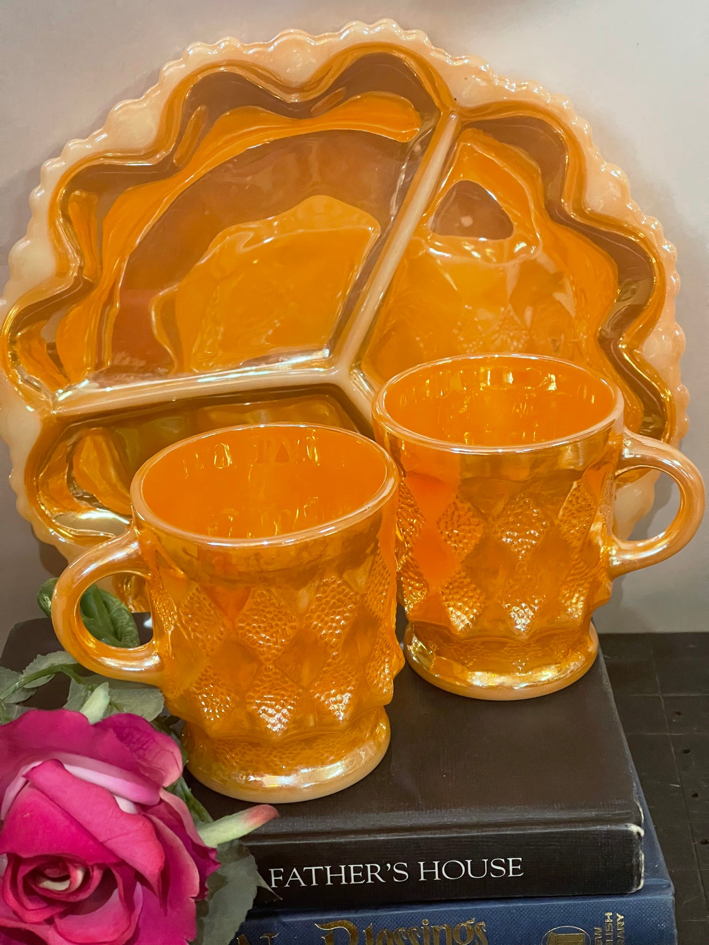 Pair of Diamond Pattern Fire-King USA Peach Lustre Glass Coffee Mugs