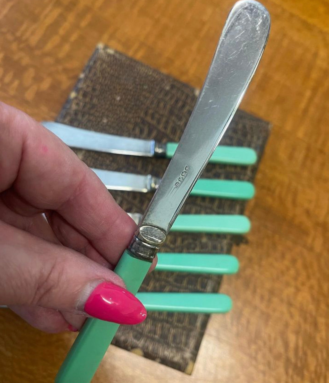 Bone Xylonite Handled silverplate Knife set in Green