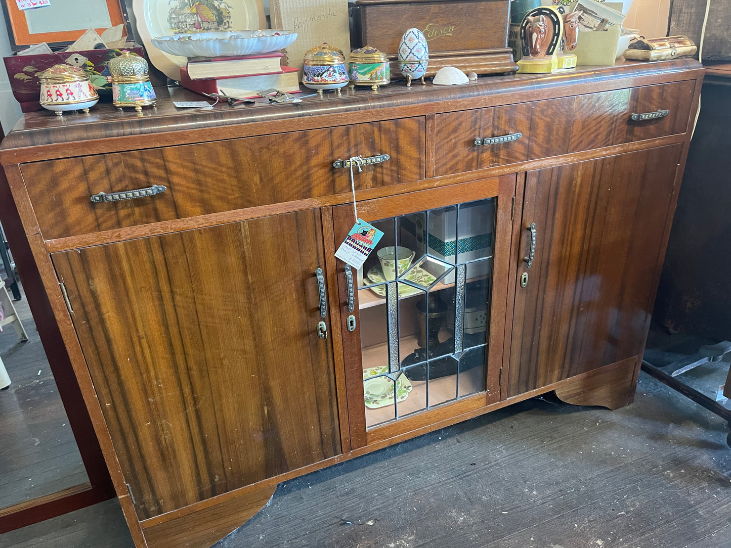 Vintage 1940s  Art Deco Timber sideboard with Leadlight