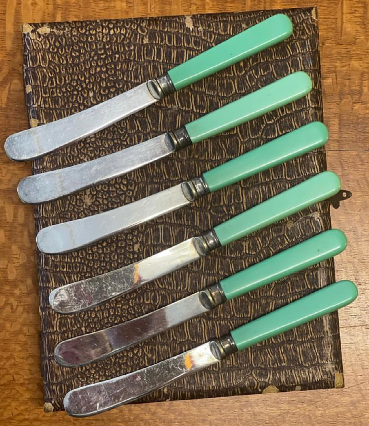 Bone Xylonite Handled silverplate Knife set in Green