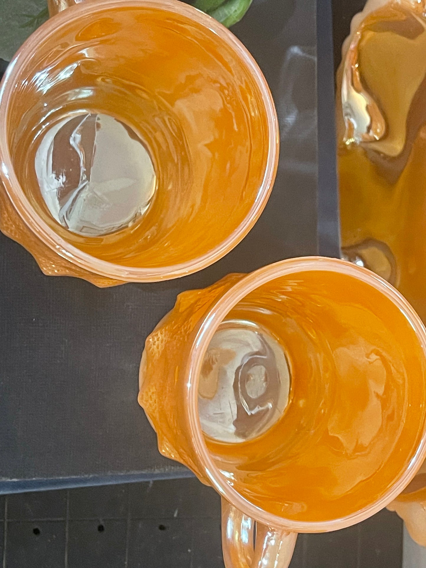 Pair of Diamond Pattern Fire-King USA Peach Lustre Glass Coffee Mugs