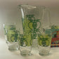 Vintage 1970s Glass jug and six Glasses with green apples