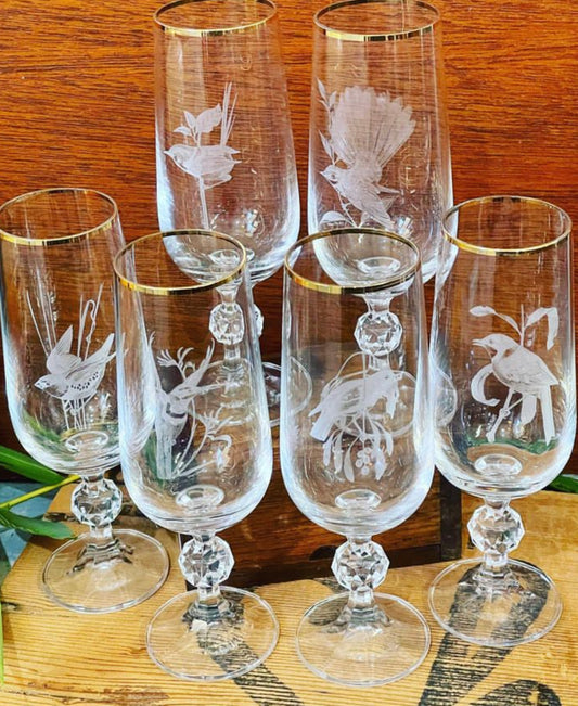 Vintage champagne flutes with etched birds set of 6